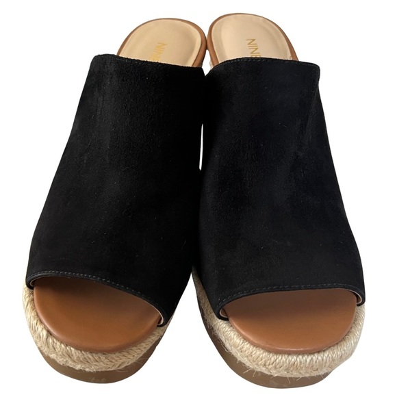 NINE WEST Rare Wedge Suede Mules Platform Cross Stitch Sandals Black Tan 8.5M - Picture 7 of 17